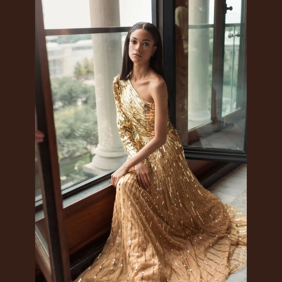 Mac Duggal 5508 Size‎ 16 Gold One Shoulder Sequined Beaded Long Maxi Gown Dress - Picture 3 of 6